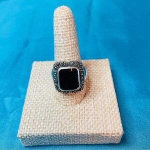 Sterling Marcacasite & Onyx Ring Vintage Size 5.5